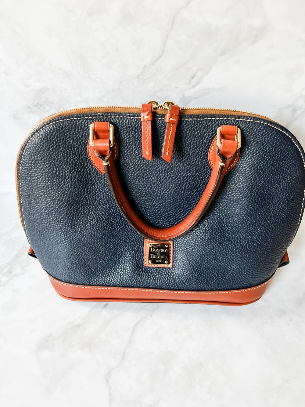 Dooney & Bourke Navy Pebbled Leather Satchel with Brown Trim
